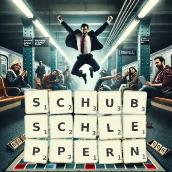 Kreative Illustration für ein Scrabble-Spiel, bei dem das Wort SCHUBSCHLEPPERN mit Steinen auf dem Brett gelegt wurde.