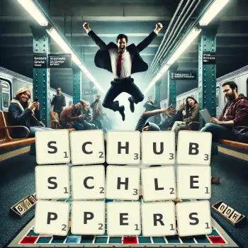Kreative Illustration für ein Scrabble-Spiel, bei dem das Wort SCHUBSCHLEPPERS mit Steinen auf dem Brett gelegt wurde.