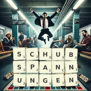 Kreative Illustration für ein Scrabble-Spiel, bei dem das Wort SCHUBSPANNUNGEN mit Steinen auf dem Brett gelegt wurde.