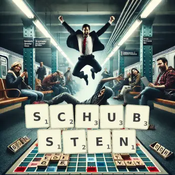Kreative Illustration für ein Scrabble-Spiel, bei dem das Wort SCHUBSTEN mit Steinen auf dem Brett gelegt wurde.
