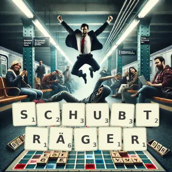 Kreative Illustration für ein Scrabble-Spiel, bei dem das Wort SCHUBTRÄGER mit Steinen auf dem Brett gelegt wurde.