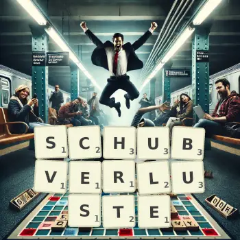 Kreative Illustration für ein Scrabble-Spiel, bei dem das Wort SCHUBVERLUSTE mit Steinen auf dem Brett gelegt wurde.