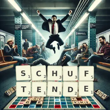 Kreative Illustration für ein Scrabble-Spiel, bei dem das Wort SCHUFTENDE mit Steinen auf dem Brett gelegt wurde.