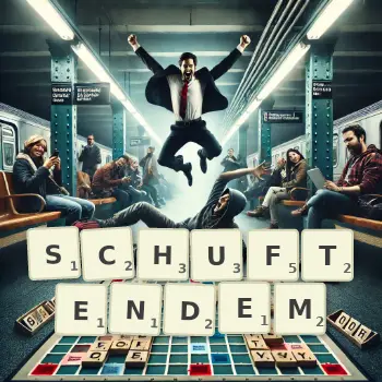 Kreative Illustration für ein Scrabble-Spiel, bei dem das Wort SCHUFTENDEM mit Steinen auf dem Brett gelegt wurde.