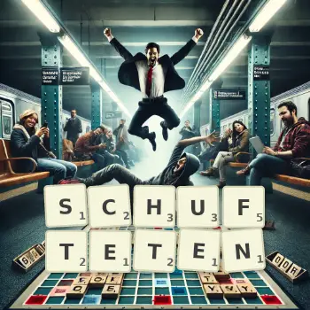 Kreative Illustration für ein Scrabble-Spiel, bei dem das Wort SCHUFTETEN mit Steinen auf dem Brett gelegt wurde.