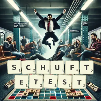Kreative Illustration für ein Scrabble-Spiel, bei dem das Wort SCHUFTETEST mit Steinen auf dem Brett gelegt wurde.