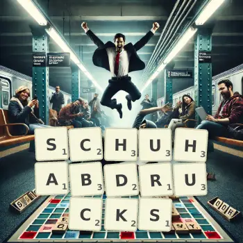 Kreative Illustration für ein Scrabble-Spiel, bei dem das Wort SCHUHABDRUCKS mit Steinen auf dem Brett gelegt wurde.
