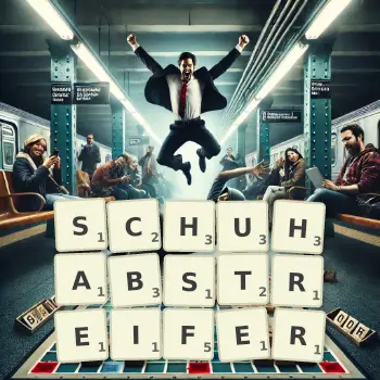 Kreative Illustration für ein Scrabble-Spiel, bei dem das Wort SCHUHABSTREIFER mit Steinen auf dem Brett gelegt wurde.