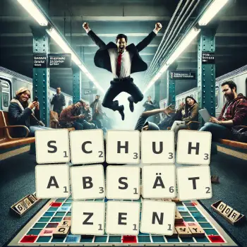 Kreative Illustration für ein Scrabble-Spiel, bei dem das Wort SCHUHABSÄTZEN mit Steinen auf dem Brett gelegt wurde.