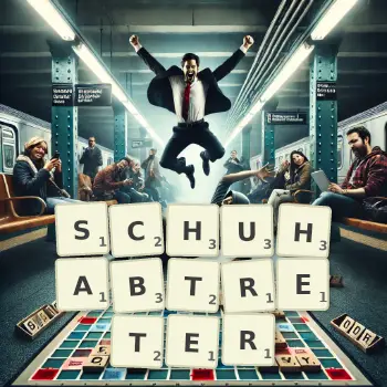Kreative Illustration für ein Scrabble-Spiel, bei dem das Wort SCHUHABTRETER mit Steinen auf dem Brett gelegt wurde.