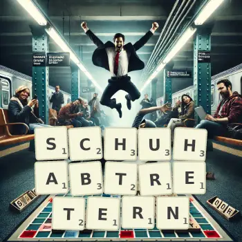 Kreative Illustration für ein Scrabble-Spiel, bei dem das Wort SCHUHABTRETERN mit Steinen auf dem Brett gelegt wurde.