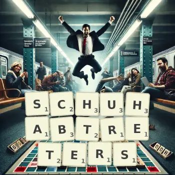 Kreative Illustration für ein Scrabble-Spiel, bei dem das Wort SCHUHABTRETERS mit Steinen auf dem Brett gelegt wurde.