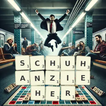 Kreative Illustration für ein Scrabble-Spiel, bei dem das Wort SCHUHANZIEHER mit Steinen auf dem Brett gelegt wurde.