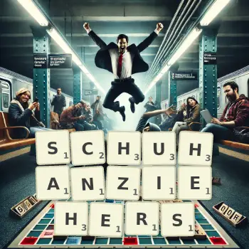 Kreative Illustration für ein Scrabble-Spiel, bei dem das Wort SCHUHANZIEHERS mit Steinen auf dem Brett gelegt wurde.