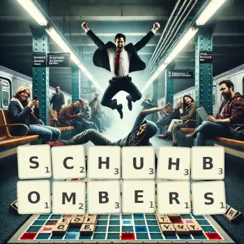 Kreative Illustration für ein Scrabble-Spiel, bei dem das Wort SCHUHBOMBERS mit Steinen auf dem Brett gelegt wurde.