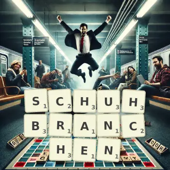 Kreative Illustration für ein Scrabble-Spiel, bei dem das Wort SCHUHBRANCHEN mit Steinen auf dem Brett gelegt wurde.