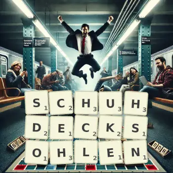 Kreative Illustration für ein Scrabble-Spiel, bei dem das Wort SCHUHDECKSOHLEN mit Steinen auf dem Brett gelegt wurde.