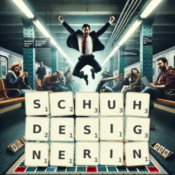 Kreative Illustration für ein Scrabble-Spiel, bei dem das Wort SCHUHDESIGNERIN mit Steinen auf dem Brett gelegt wurde.