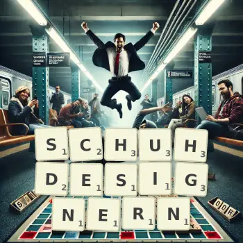 Kreative Illustration für ein Scrabble-Spiel, bei dem das Wort SCHUHDESIGNERN mit Steinen auf dem Brett gelegt wurde.