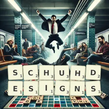 Kreative Illustration für ein Scrabble-Spiel, bei dem das Wort SCHUHDESIGNS mit Steinen auf dem Brett gelegt wurde.