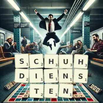 Kreative Illustration für ein Scrabble-Spiel, bei dem das Wort SCHUHDIENSTEN mit Steinen auf dem Brett gelegt wurde.