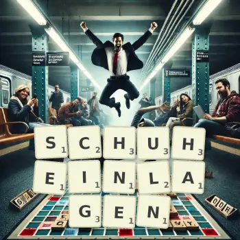 Kreative Illustration für ein Scrabble-Spiel, bei dem das Wort SCHUHEINLAGEN mit Steinen auf dem Brett gelegt wurde.