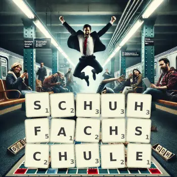 Kreative Illustration für ein Scrabble-Spiel, bei dem das Wort SCHUHFACHSCHULE mit Steinen auf dem Brett gelegt wurde.