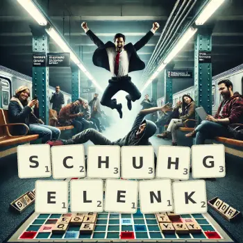 Kreative Illustration für ein Scrabble-Spiel, bei dem das Wort SCHUHGELENK mit Steinen auf dem Brett gelegt wurde.