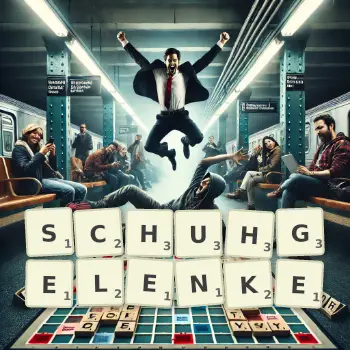 Kreative Illustration für ein Scrabble-Spiel, bei dem das Wort SCHUHGELENKE mit Steinen auf dem Brett gelegt wurde.