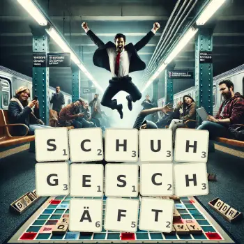 Kreative Illustration für ein Scrabble-Spiel, bei dem das Wort SCHUHGESCHÄFT mit Steinen auf dem Brett gelegt wurde.
