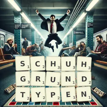 Kreative Illustration für ein Scrabble-Spiel, bei dem das Wort SCHUHGRUNDTYPEN mit Steinen auf dem Brett gelegt wurde.
