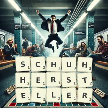 Kreative Illustration für ein Scrabble-Spiel, bei dem das Wort SCHUHHERSTELLER mit Steinen auf dem Brett gelegt wurde.