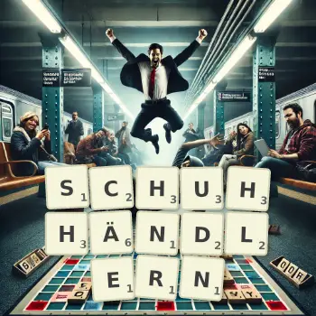 Kreative Illustration für ein Scrabble-Spiel, bei dem das Wort SCHUHHÄNDLERN mit Steinen auf dem Brett gelegt wurde.
