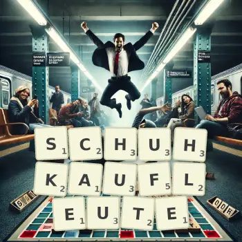 Kreative Illustration für ein Scrabble-Spiel, bei dem das Wort SCHUHKAUFLEUTE mit Steinen auf dem Brett gelegt wurde.