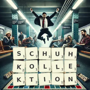 Kreative Illustration für ein Scrabble-Spiel, bei dem das Wort SCHUHKOLLEKTION mit Steinen auf dem Brett gelegt wurde.