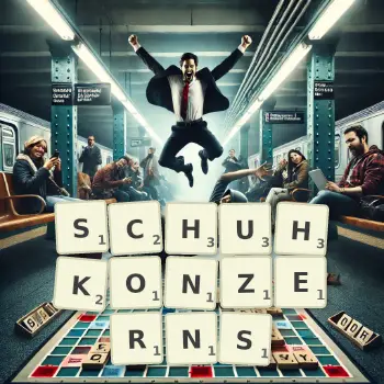 Kreative Illustration für ein Scrabble-Spiel, bei dem das Wort SCHUHKONZERNS mit Steinen auf dem Brett gelegt wurde.