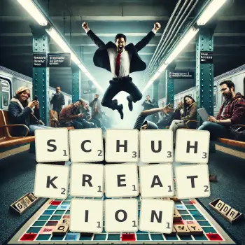 Kreative Illustration für ein Scrabble-Spiel, bei dem das Wort SCHUHKREATION mit Steinen auf dem Brett gelegt wurde.