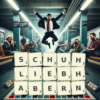 Kreative Illustration für ein Scrabble-Spiel, bei dem das Wort SCHUHLIEBHABERN mit Steinen auf dem Brett gelegt wurde.
