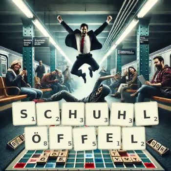 Kreative Illustration für ein Scrabble-Spiel, bei dem das Wort SCHUHLÖFFEL mit Steinen auf dem Brett gelegt wurde.