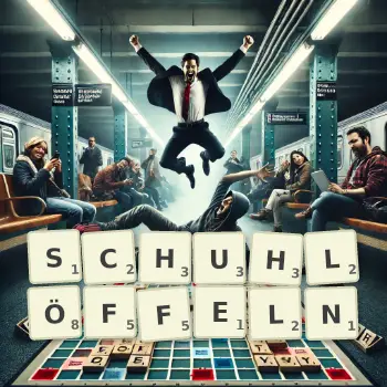 Kreative Illustration für ein Scrabble-Spiel, bei dem das Wort SCHUHLÖFFELN mit Steinen auf dem Brett gelegt wurde.