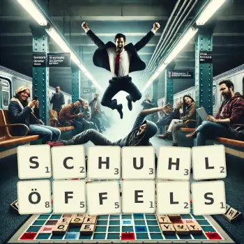 Kreative Illustration für ein Scrabble-Spiel, bei dem das Wort SCHUHLÖFFELS mit Steinen auf dem Brett gelegt wurde.