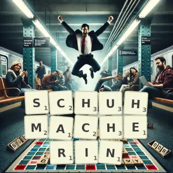 Kreative Illustration für ein Scrabble-Spiel, bei dem das Wort SCHUHMACHERIN mit Steinen auf dem Brett gelegt wurde.