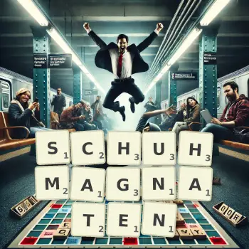 Kreative Illustration für ein Scrabble-Spiel, bei dem das Wort SCHUHMAGNATEN mit Steinen auf dem Brett gelegt wurde.