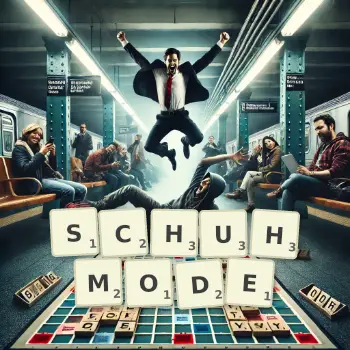 Kreative Illustration für ein Scrabble-Spiel, bei dem das Wort SCHUHMODE mit Steinen auf dem Brett gelegt wurde.
