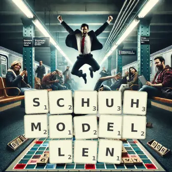 Kreative Illustration für ein Scrabble-Spiel, bei dem das Wort SCHUHMODELLEN mit Steinen auf dem Brett gelegt wurde.