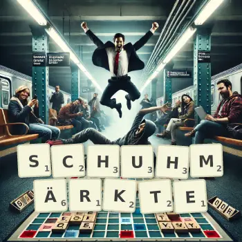 Kreative Illustration für ein Scrabble-Spiel, bei dem das Wort SCHUHMÄRKTE mit Steinen auf dem Brett gelegt wurde.