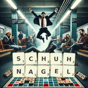 Kreative Illustration für ein Scrabble-Spiel, bei dem das Wort SCHUHNAGEL mit Steinen auf dem Brett gelegt wurde.