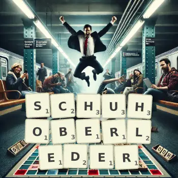 Kreative Illustration für ein Scrabble-Spiel, bei dem das Wort SCHUHOBERLEDER mit Steinen auf dem Brett gelegt wurde.