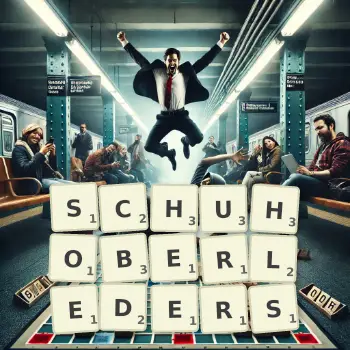 Kreative Illustration für ein Scrabble-Spiel, bei dem das Wort SCHUHOBERLEDERS mit Steinen auf dem Brett gelegt wurde.