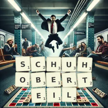 Kreative Illustration für ein Scrabble-Spiel, bei dem das Wort SCHUHOBERTEIL mit Steinen auf dem Brett gelegt wurde.
